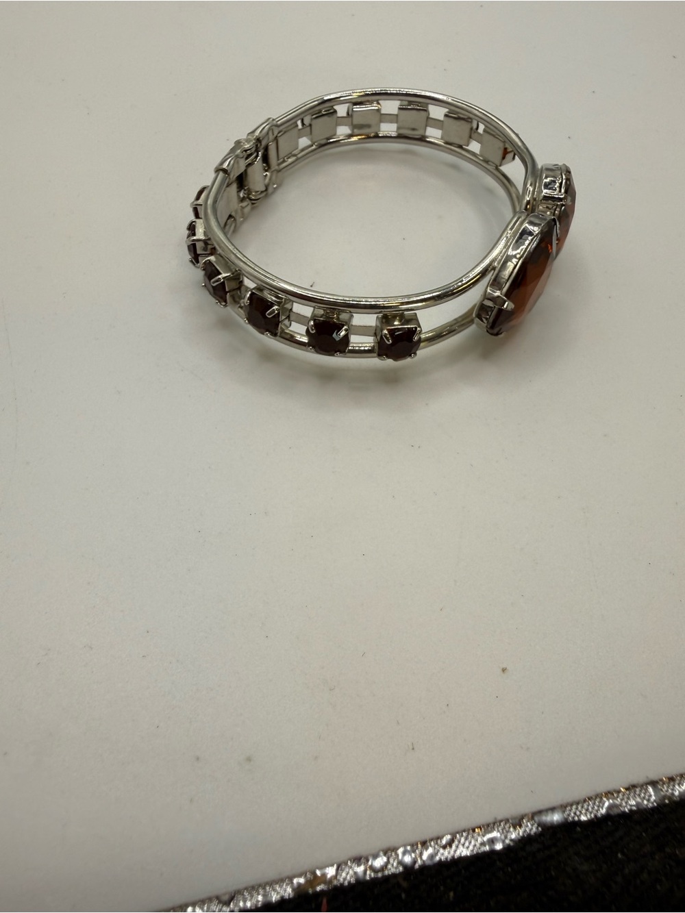 Vintage Amber Heart Rhinestone Hinged Bracelet – Silver Tone Statement Cuff - Picture 6 of 6